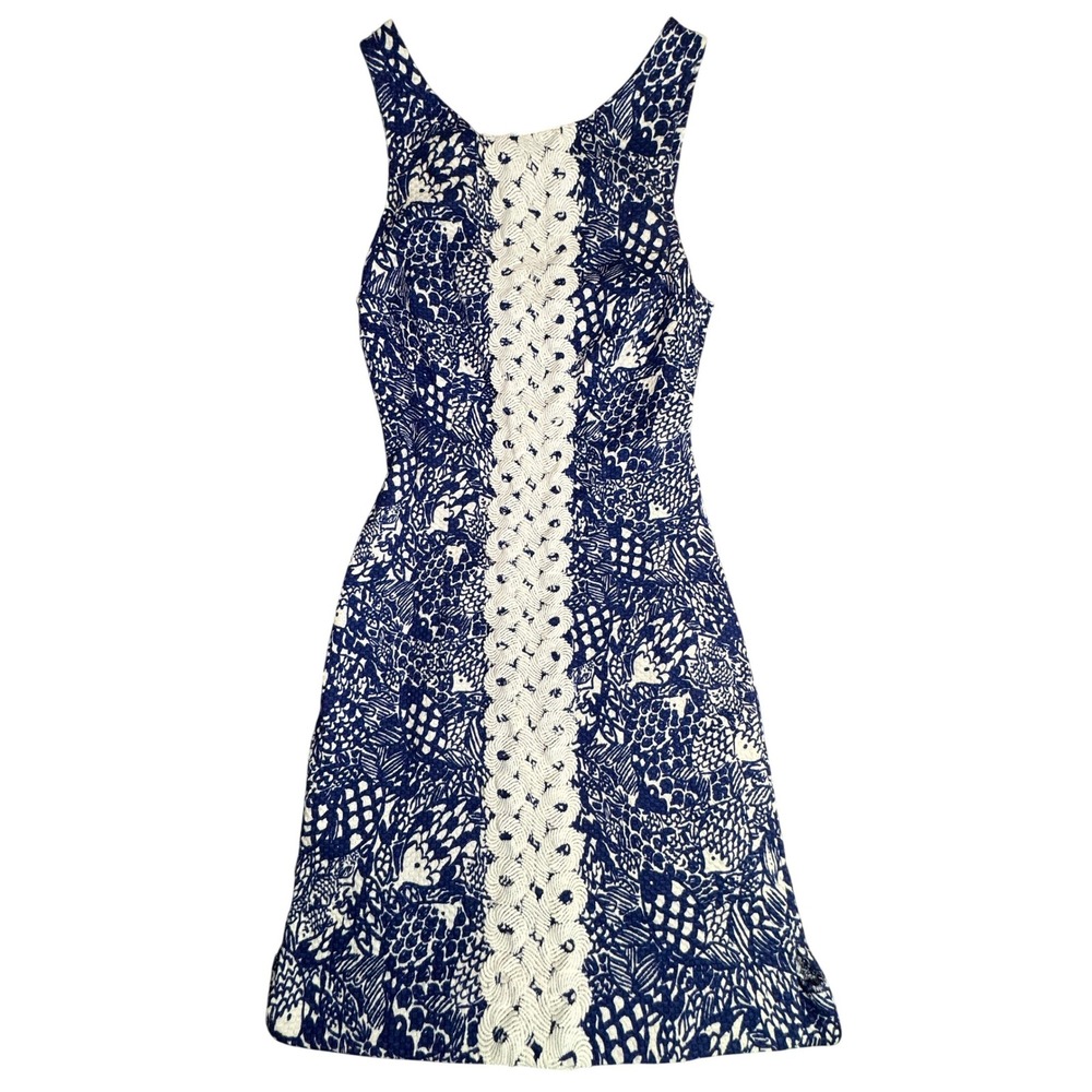 Lilly Pulitzer for Target Blue White Fish Print Shift Dress Pink Zipper Size 2